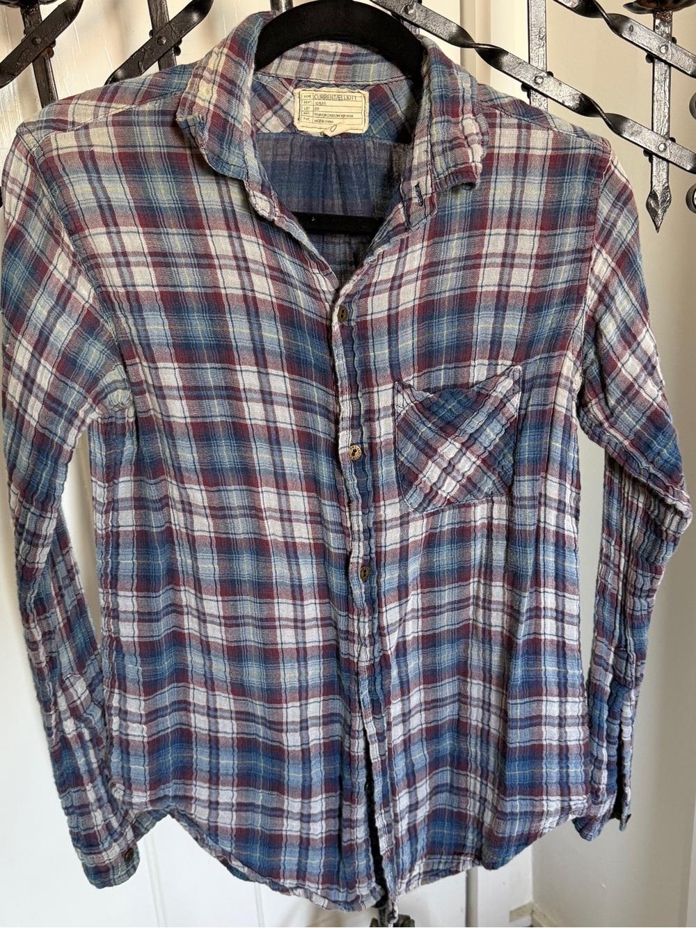 Current/Elliott Blue, Burgundy and White Plaid Button-Down Shirt